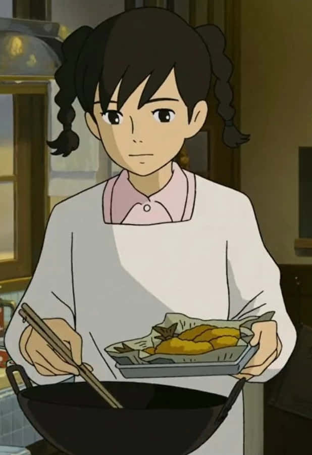 Animated Girl Cooking Fried Food Wallpaper