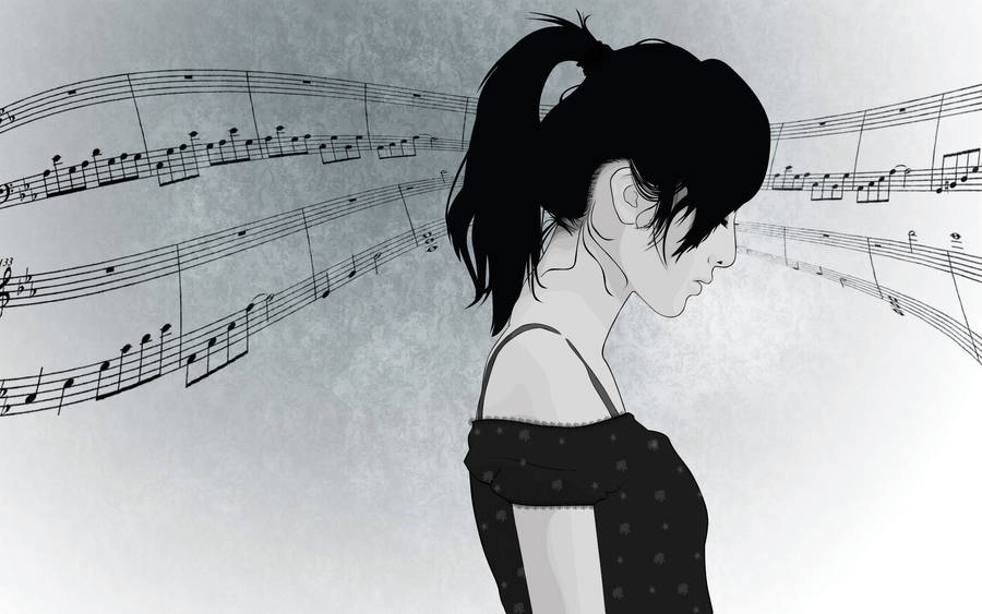 Animated Girl With Music Notes Wallpaper