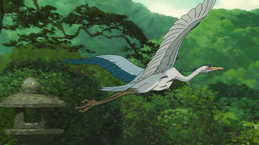 Animated Heron In Flight Forest Backdrop Wallpaper