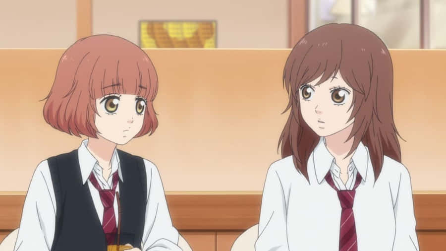 Animated Schoolgirls Conversation Wallpaper