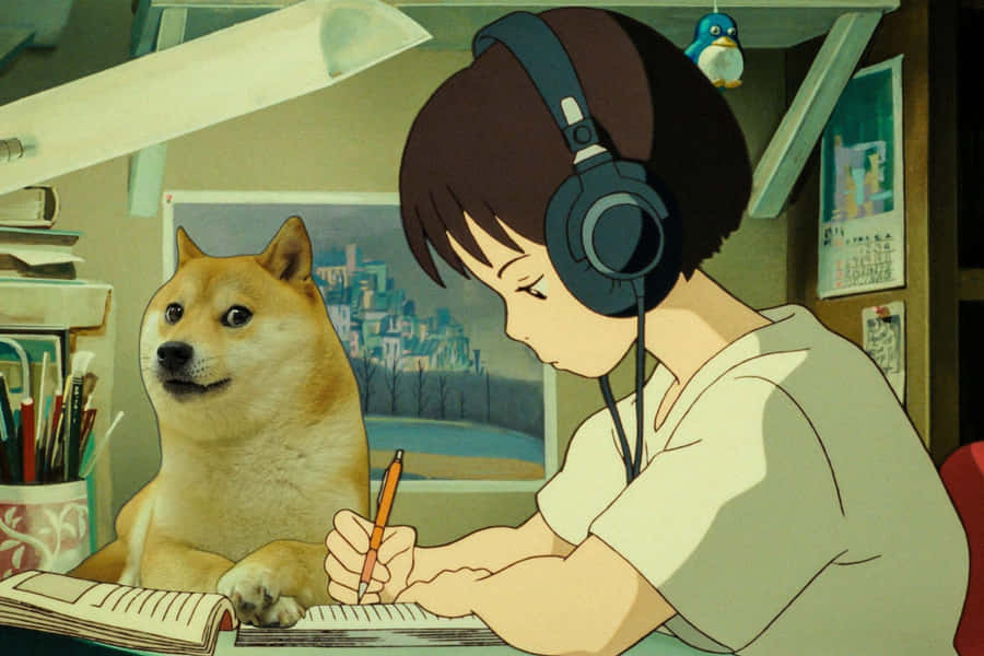 Animated Study Sessionwith Shiba Inu Wallpaper