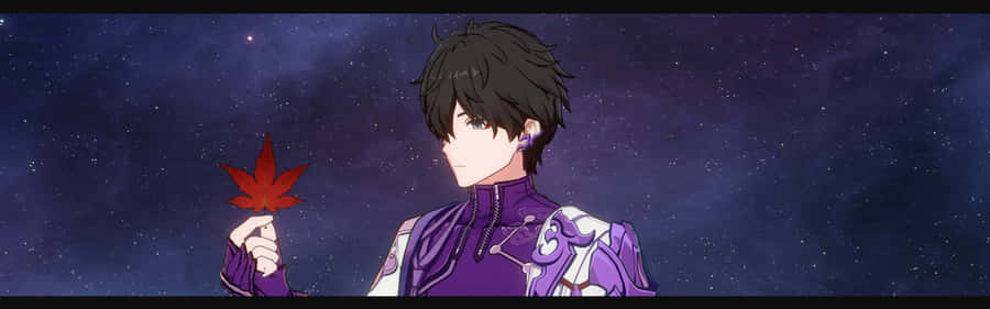 Anime Character Contemplating Red Leaf Wallpaper