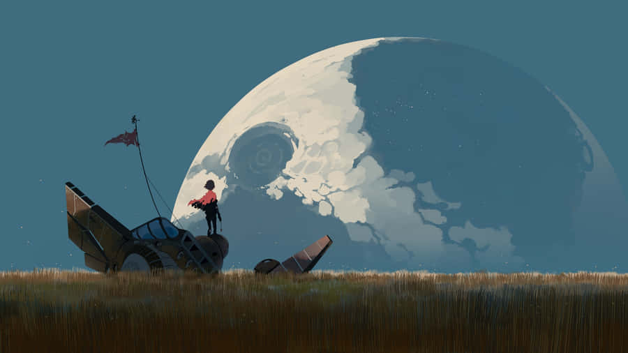 Anime Character Moon Landscape Wallpaper