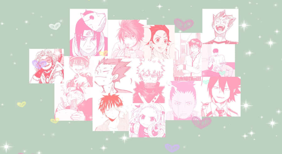 Anime Collage Wallpaper Green Pastel Wallpaper