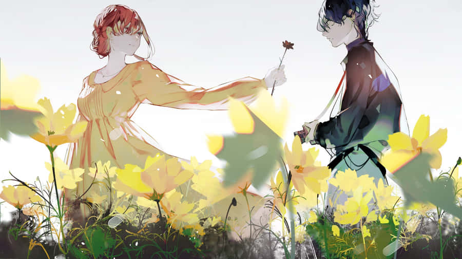 Anime Couple Sharing Flower Wallpaper