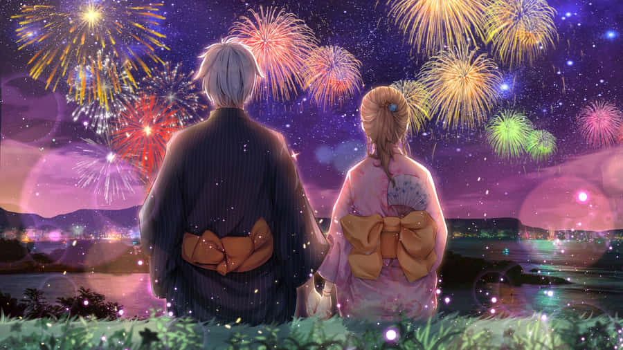 Anime Couple Watching Fireworks Wallpaper
