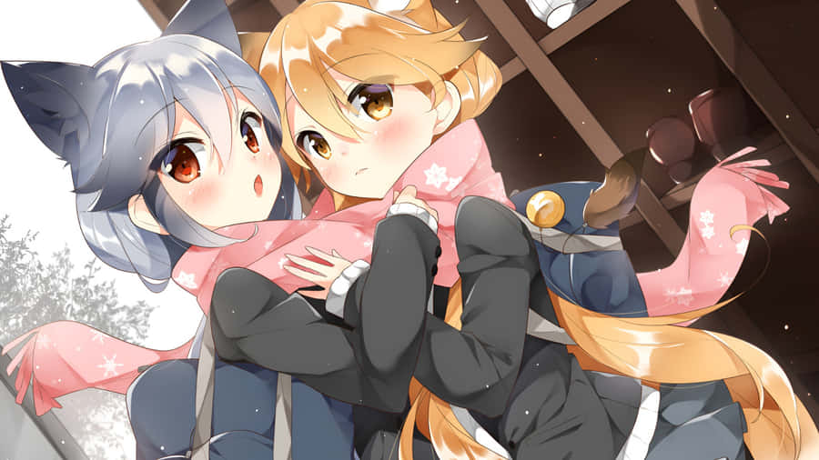 Anime Fox Girls Winter Scene Wallpaper