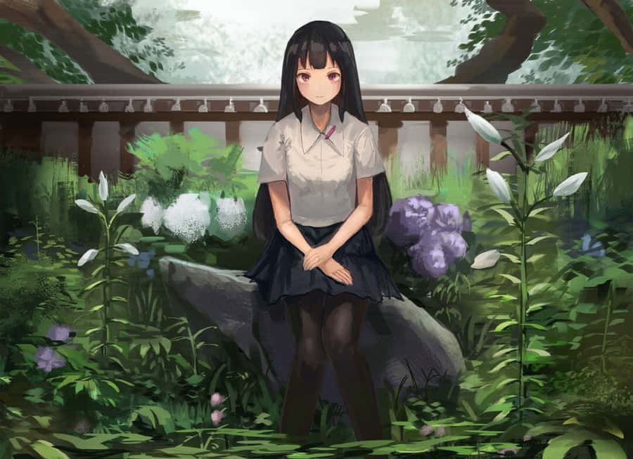 Anime Garden Long Black Hair Girl Wallpaper