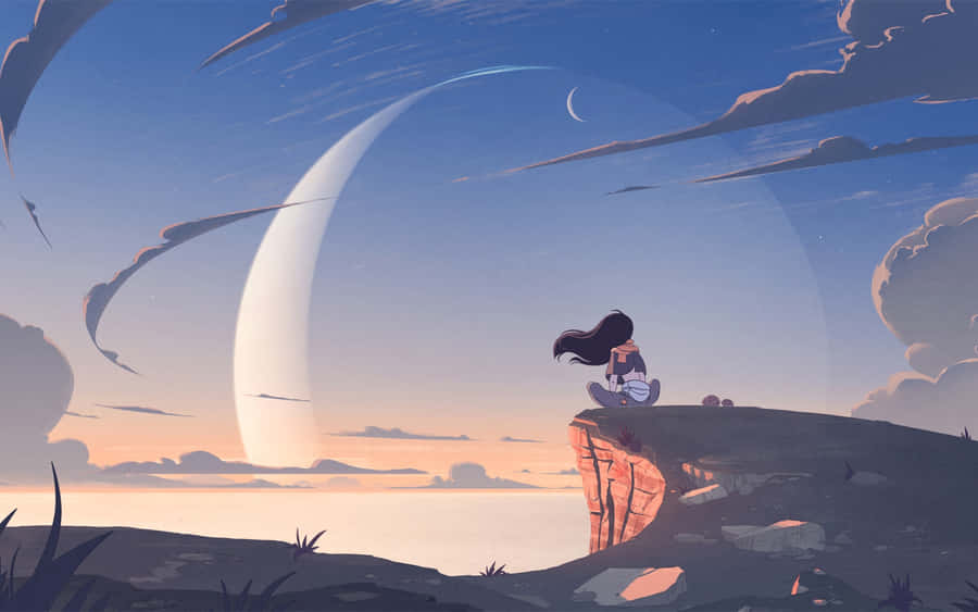 Anime Girl Alone Sitting Mountain Cliff Wallpaper