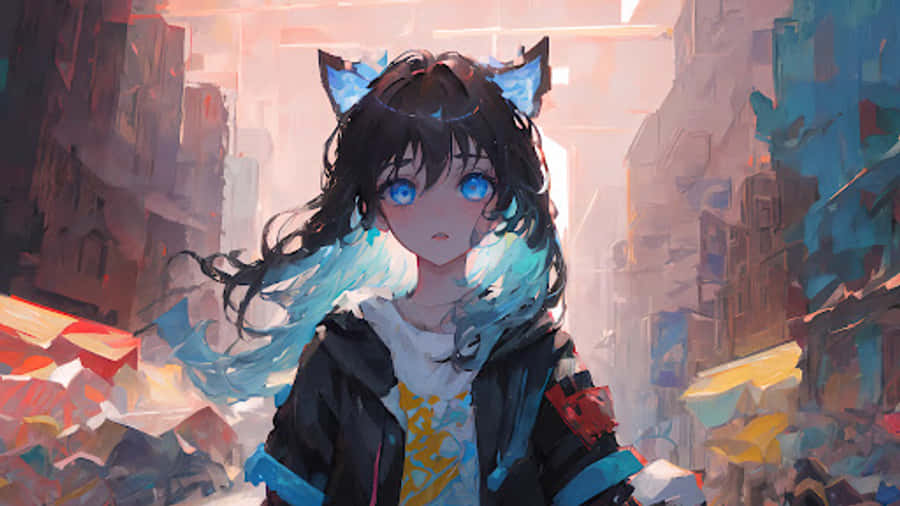 Anime Girl Blue Eyes Cat Ears Urban Backdrop.jpg Wallpaper