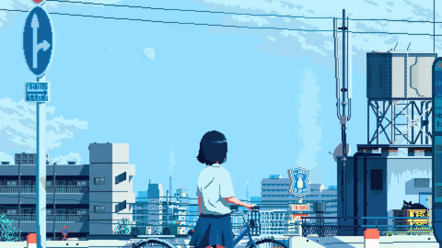 Anime Girl Cityscape Pixel Art Wallpaper