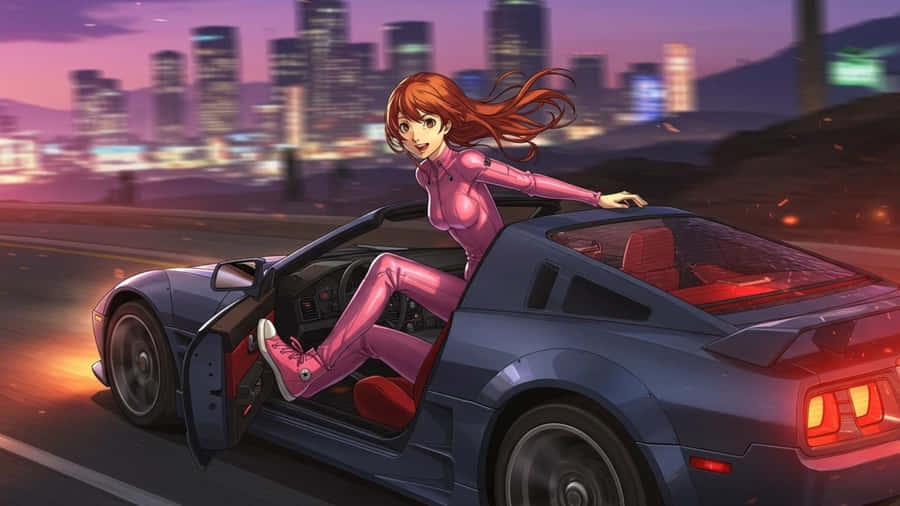 Anime Girl Exiting Sports Car Wallpaper