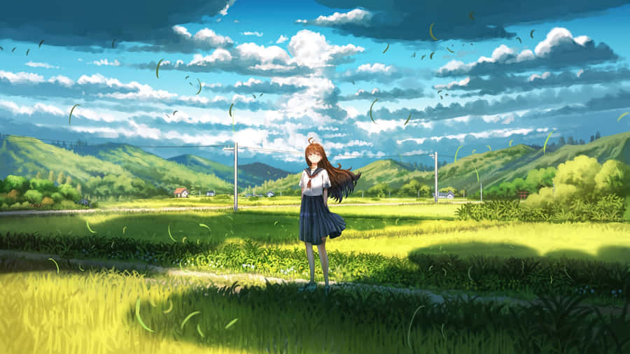 Anime Girl In Lush Green Fields Wallpaper