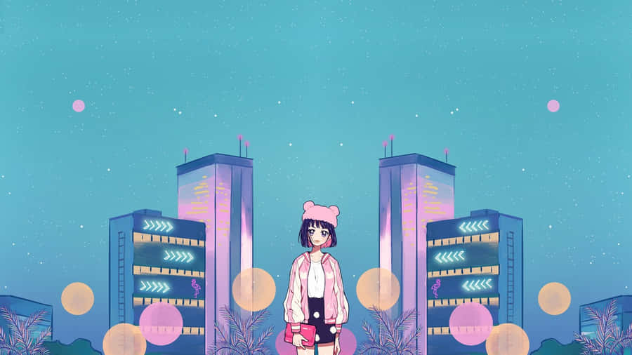 Anime Girl Nighttime Cityscape Wallpaper