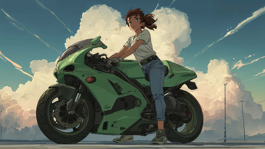 Anime Girl On Green Motorcycle Wallpaper