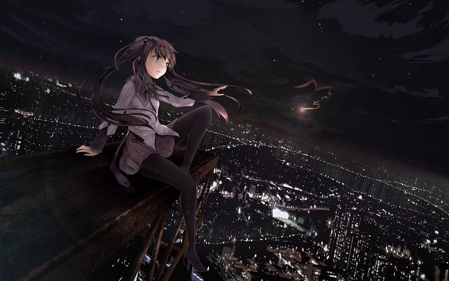 Anime Girl Sad Alone On Ledge City View Wallpaper