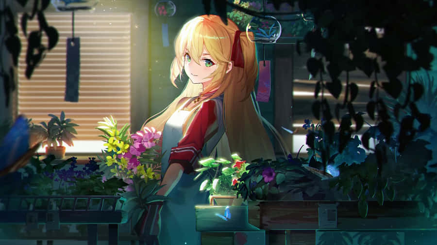 Anime Girl Surroundedby Plantsin Sunlit Room Wallpaper