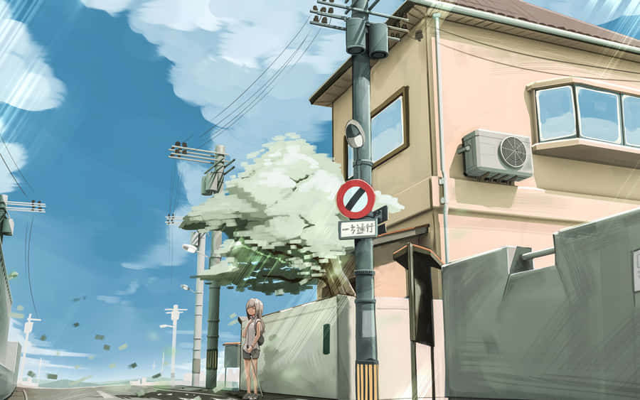 Anime Girl Waitingon Sunny Street Wallpaper