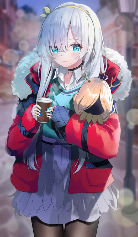 Anime Girl Winter Scenery Holding Coffee Wallpaper