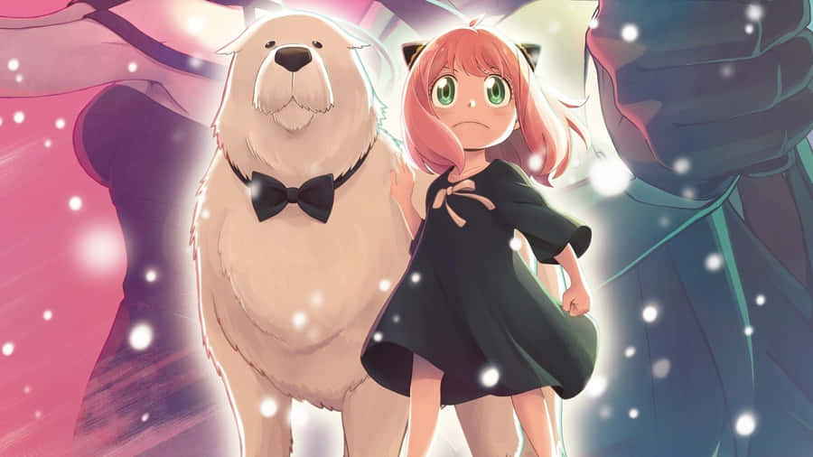 Anime Girl With Giant Dogand Mysterious Figure Wallpaper