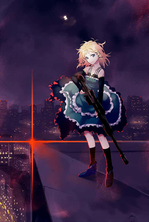 Anime Girl With Sniper On Rooftop Wallpaper