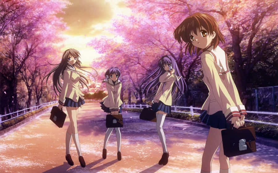 Anime Girls School Uniforms Cherry Blossoms Wallpaper