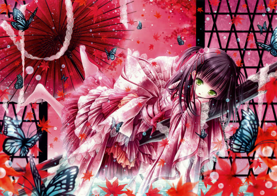 Anime Girlwith Butterfly Dress Wallpaper