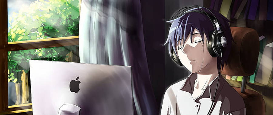 Anime Guy Tearing In Front Of Laptop Wallpaper