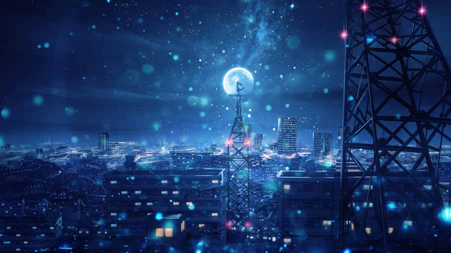 Anime Moonlit Cityscape Wallpaper