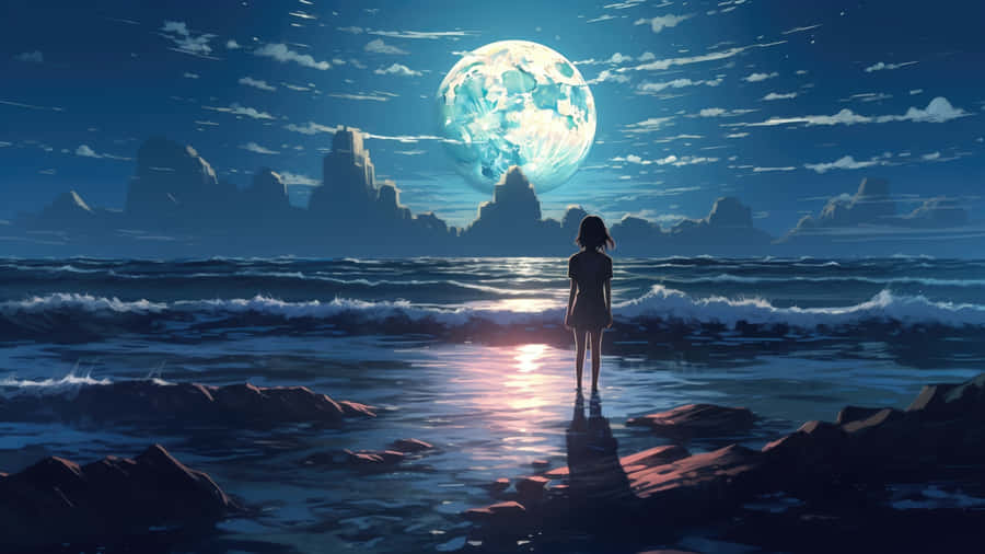 Anime Moonlit Ocean Scene Wallpaper