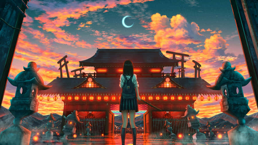 Anime Moonlit Shrine Scene Wallpaper