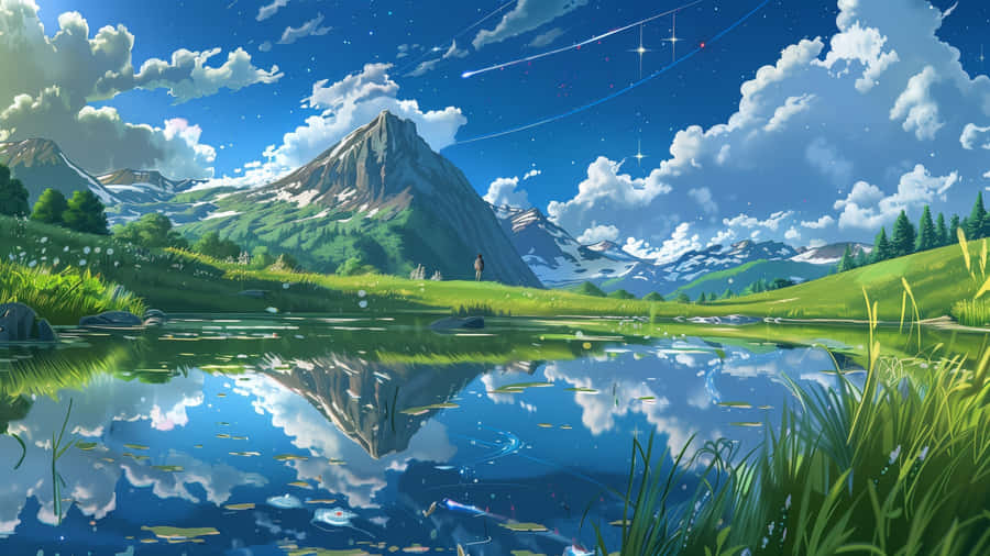 Anime Mountain Lake Reflection Wallpaper