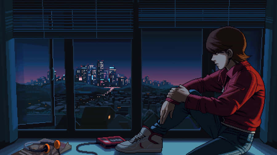 Anime Pixel Art Night Cityscape Wallpaper