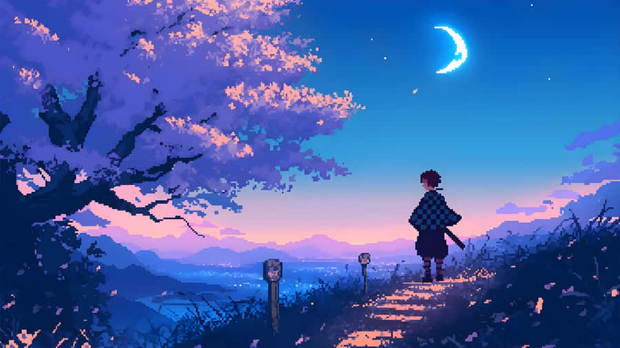 Anime Pixel Art Night Scene Wallpaper