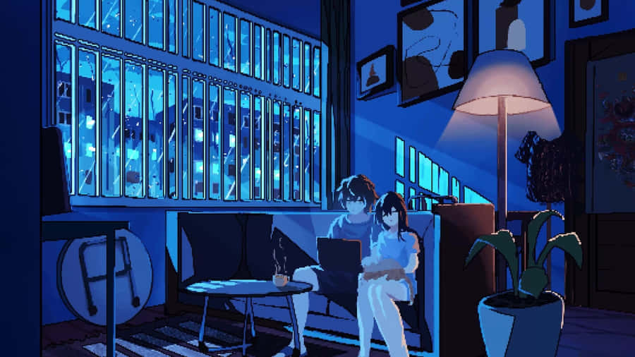 Anime Pixel Art Night Scene Wallpaper