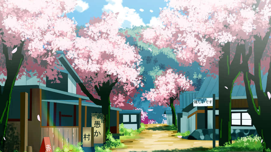 Anime Sakura Blossom Village Scene Wallpaper