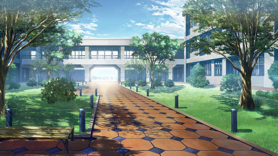 Anime School Scenery Tiled Pathway Wallpaper