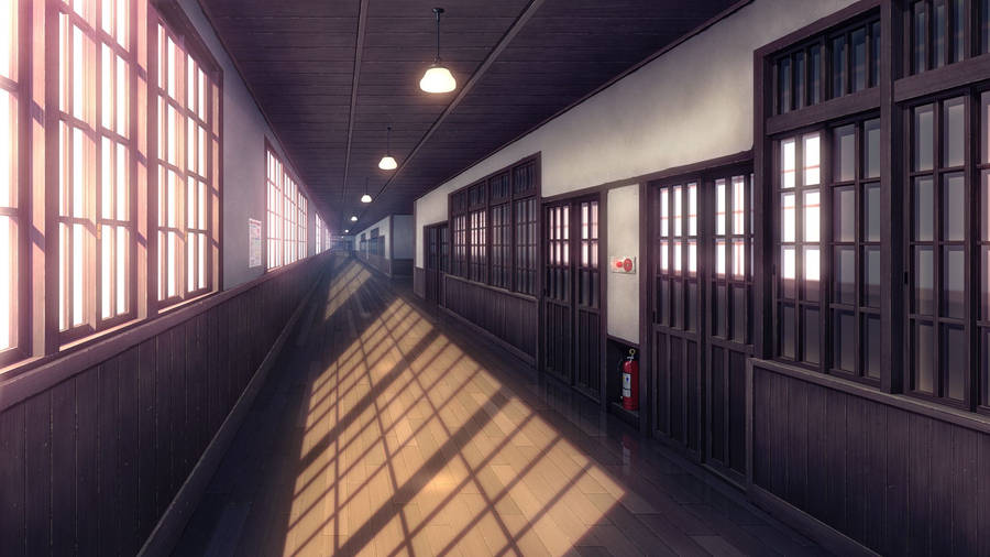 Anime School Scenery Wooden Hallway Wallpaper
