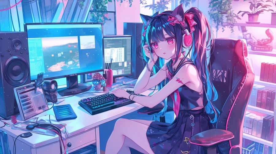 Anime Streamer Girlat Desk Wallpaper