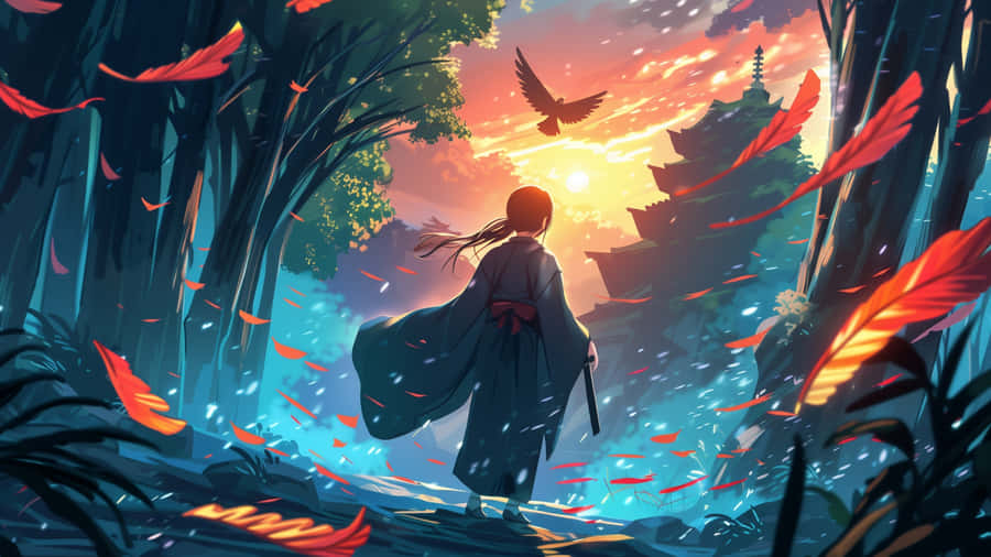 Anime Sunset Forest Walk Wallpaper