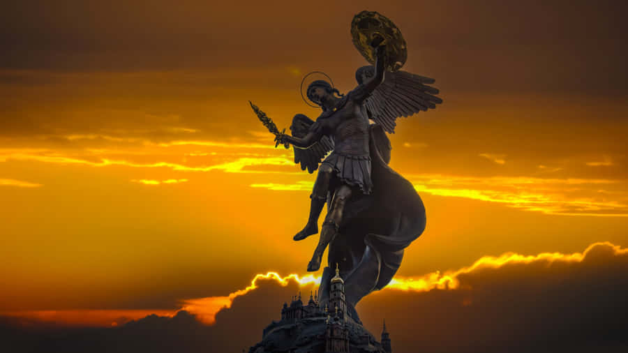 Archangel Michael Statue Sunset Wallpaper