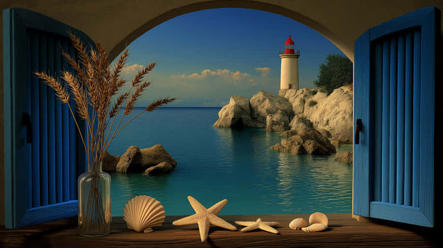 Archway Window Overlooking Coastal Lighthouse And Tranquil Sea Wallpaper