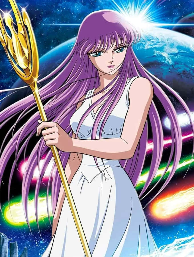 Athena Saori Kido With Staff Wallpaper