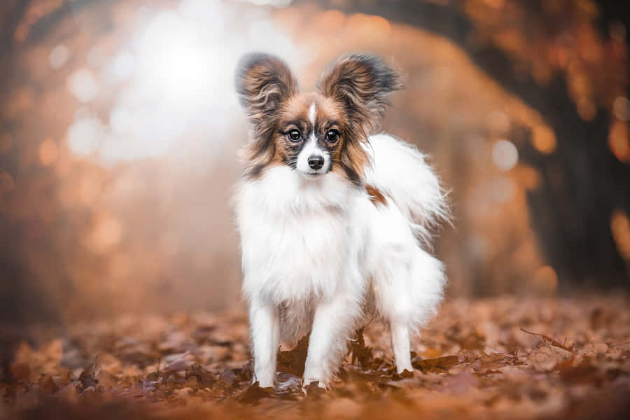 Autumn Papillon Dog Standing Wallpaper