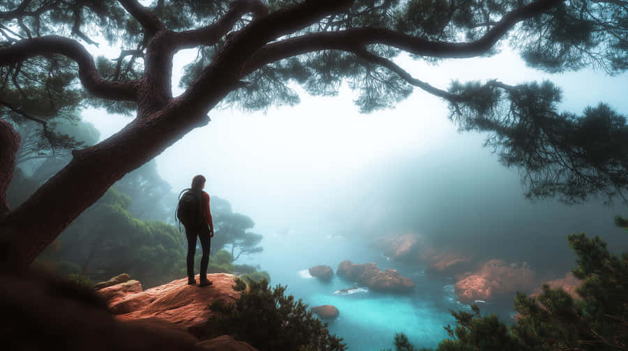 Backpacker Overlooking A Misty Coastal Landscape With Rocks Wallpaper