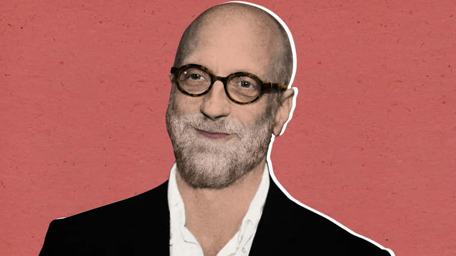 Bald Manwith Glasseson Red Background Wallpaper
