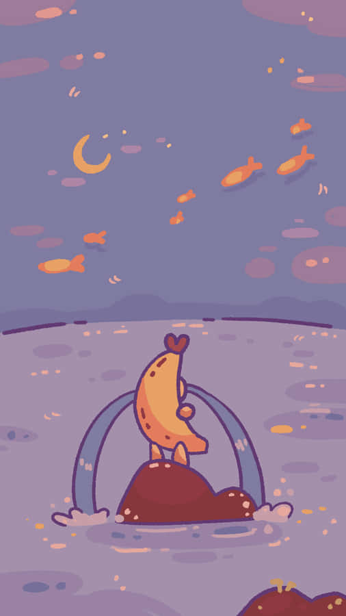 Banana Cat Fishing Under Moonlight Wallpaper