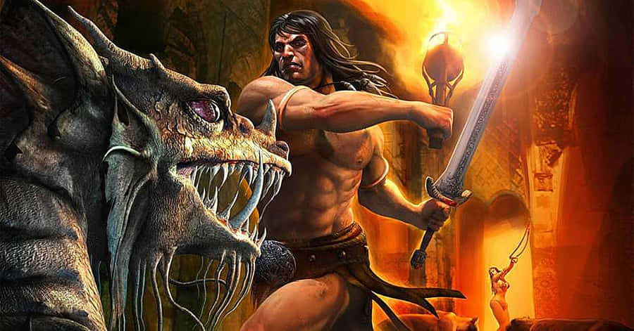 Barbarian_ Hero_ Battles_ Dragon Wallpaper
