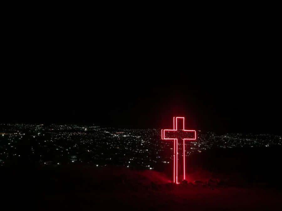 Beautiful Cross With Red Neon Light Wallpaper
