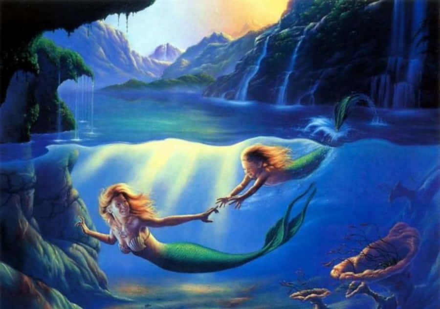 Beautiful Mermaid Mom And Daughter Wallpaper
